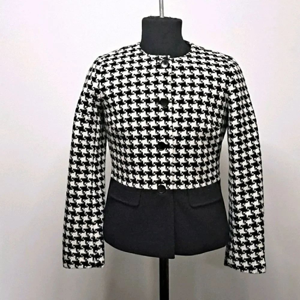 Talbots Women’s Size 10 Black Button Down Houndstooth Blazer Suit Jacket